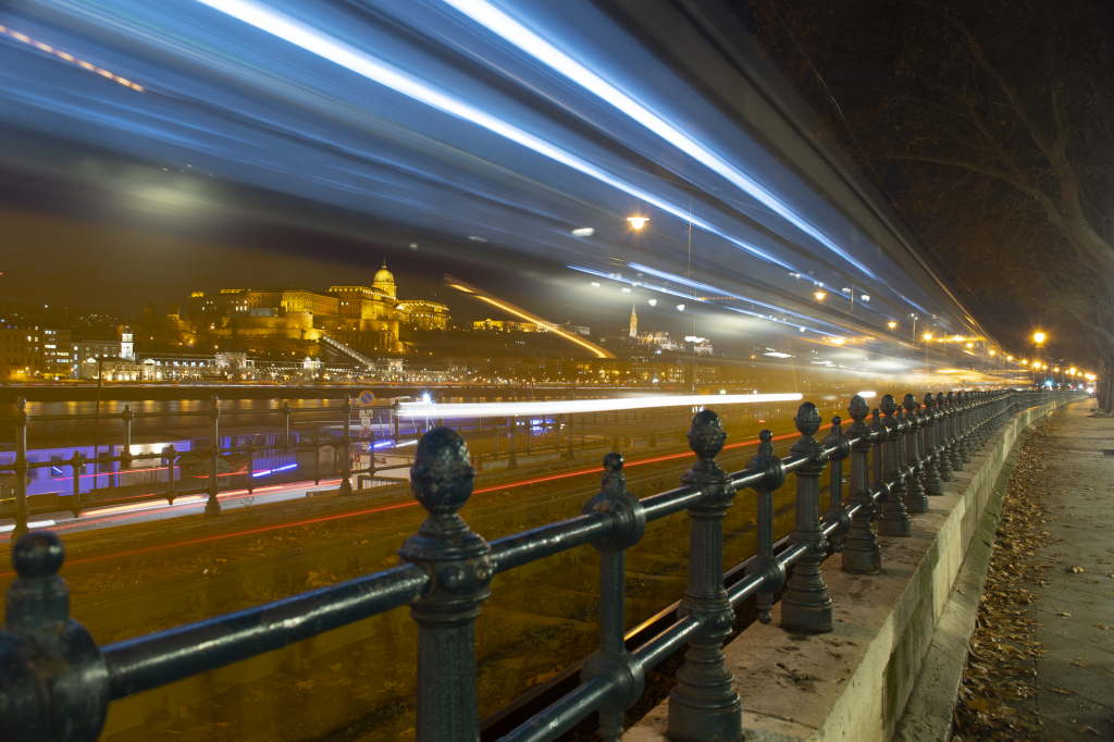 Tram Light Trails Along the Riverfront