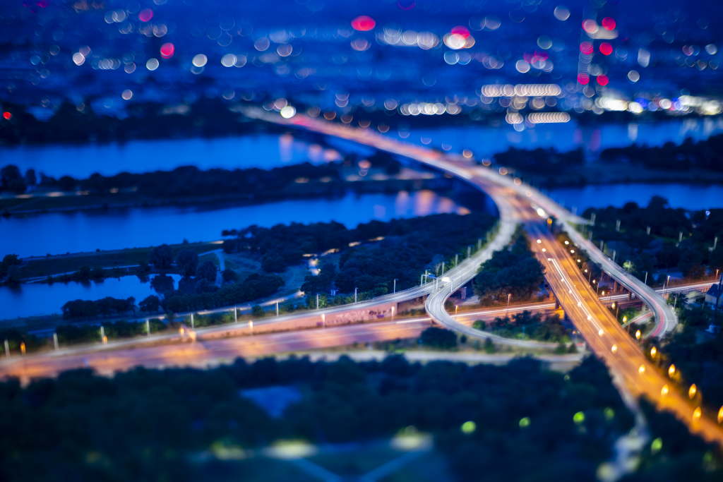 Urban Overpass at Night in Tilt-Shift Perspective